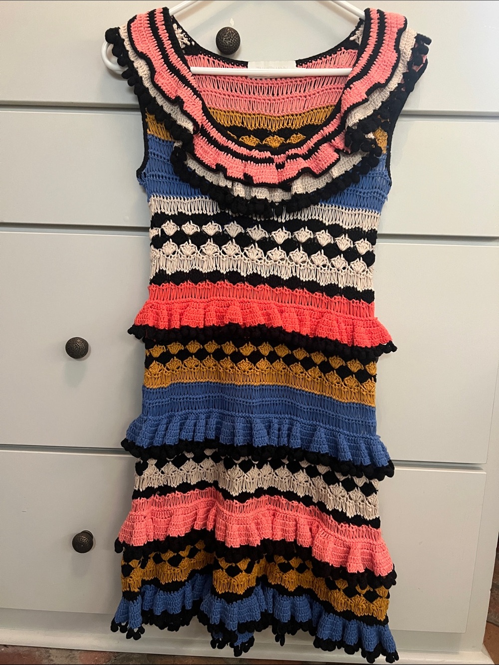 Zimmermann Multicolor Crochet Mini Dress in black, Blue, mustard, coral